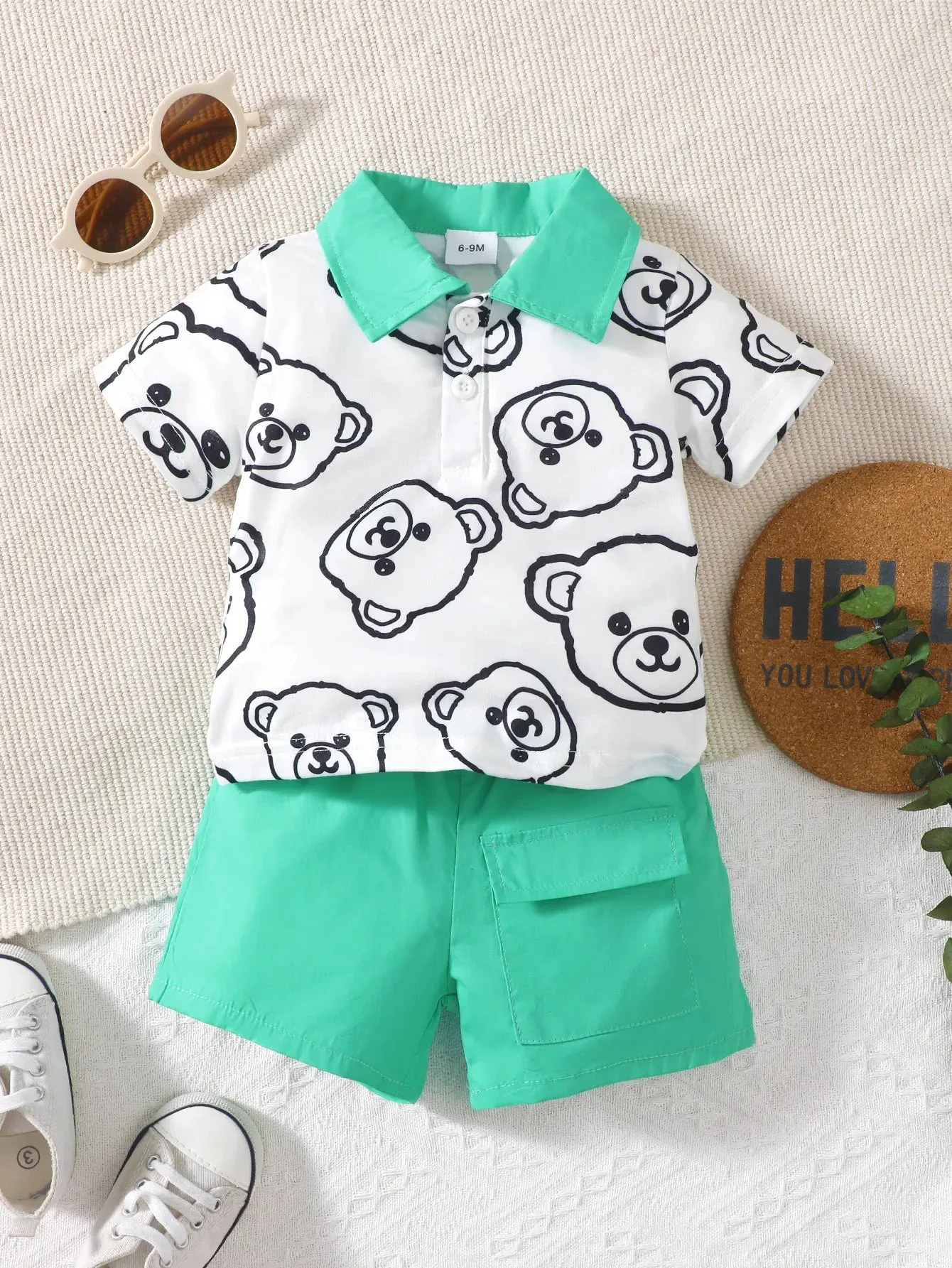 Baby Boys Summer Short Sleeve Bear Print Contrast Collar Polo and Flap Pocket Shorts Set