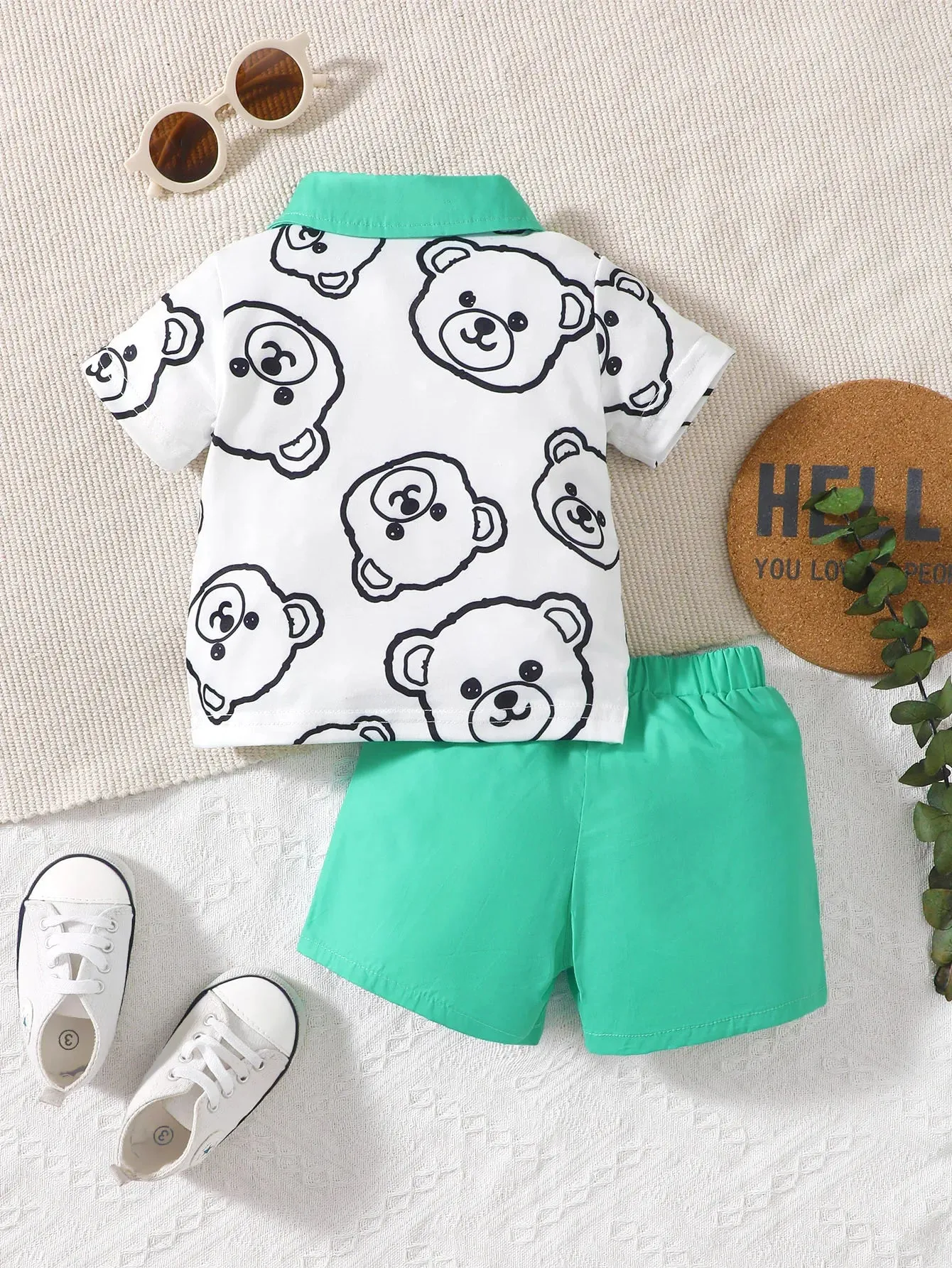 Baby Boys Summer Short Sleeve Bear Print Contrast Collar Polo and Flap Pocket Shorts Set