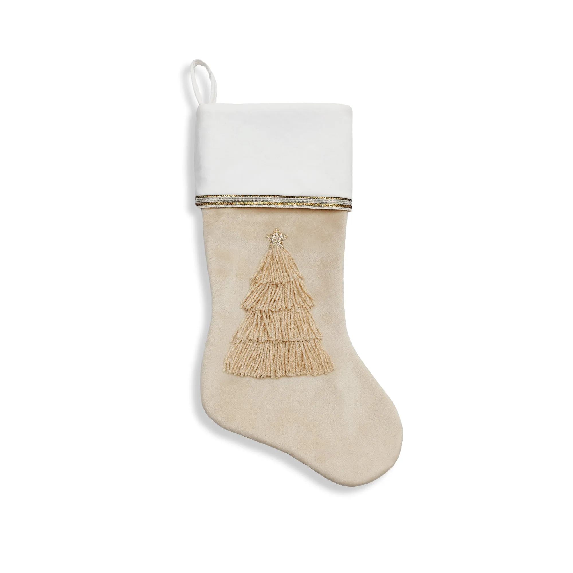 Beige Velvet Stocking with Fringe Tree Applique