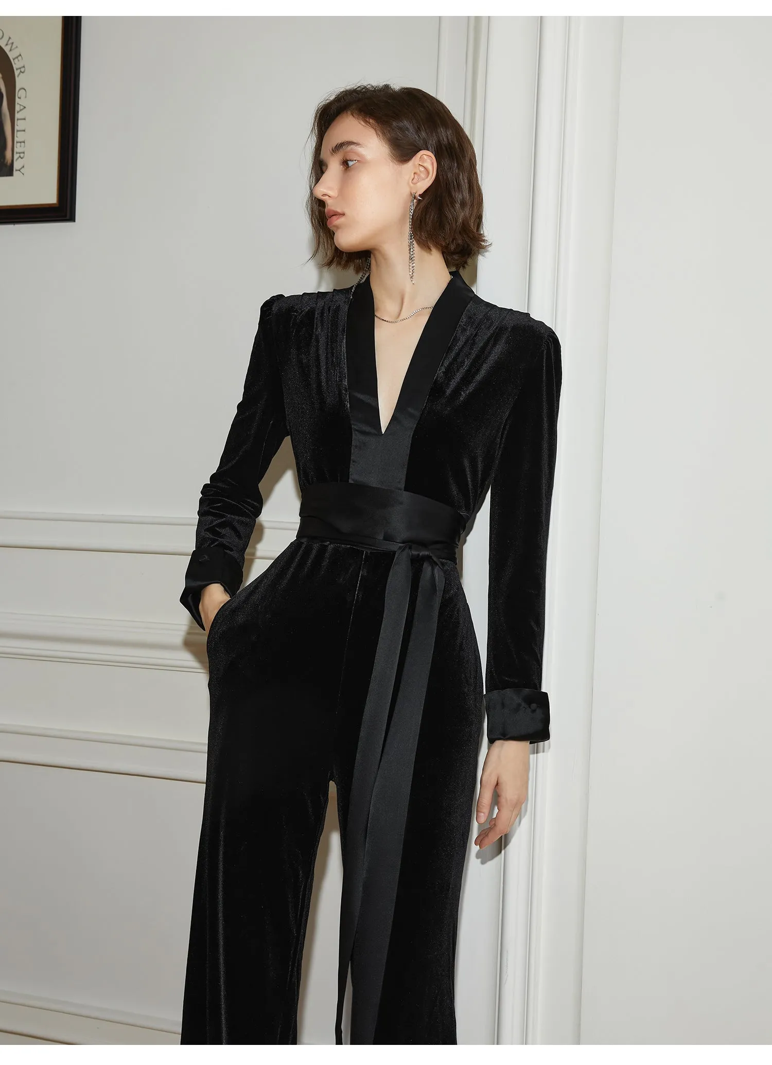 Black high-end V-neck velvet drape waist jumpsuit trousers- Shila