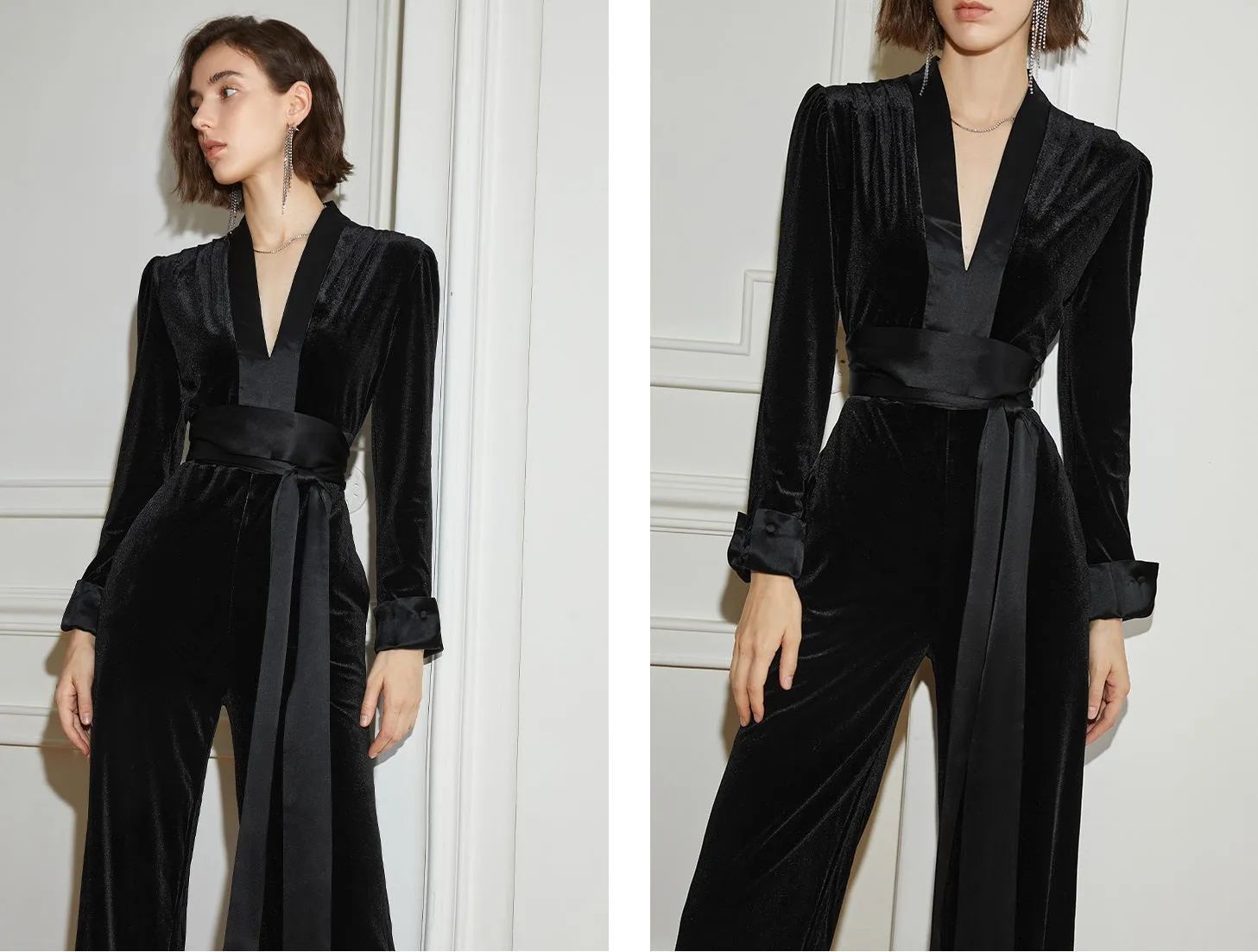 Black high-end V-neck velvet drape waist jumpsuit trousers- Shila