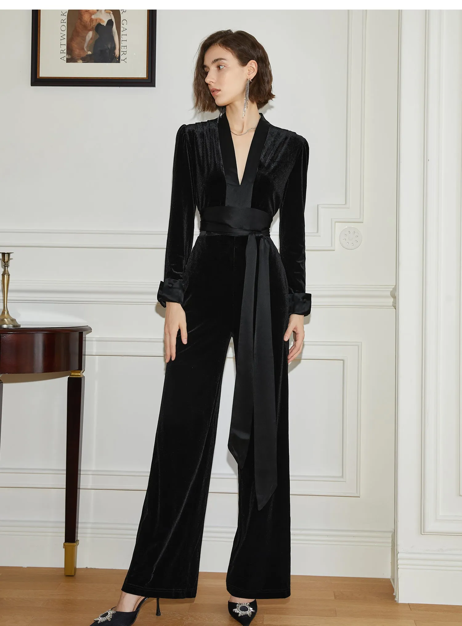 Black high-end V-neck velvet drape waist jumpsuit trousers- Shila