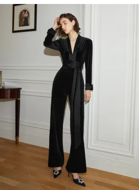 Black high-end V-neck velvet drape waist jumpsuit trousers- Shila