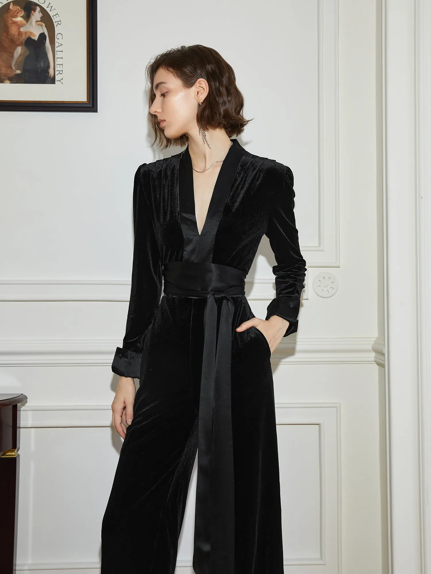 Black high-end V-neck velvet drape waist jumpsuit trousers- Shila