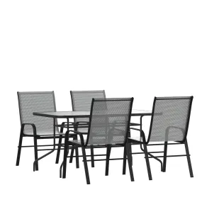 Brazos 5 Piece Outdoor Patio Dining Set - Tempered Glass Patio Table, 4 Flex Comfort Stack Chairs