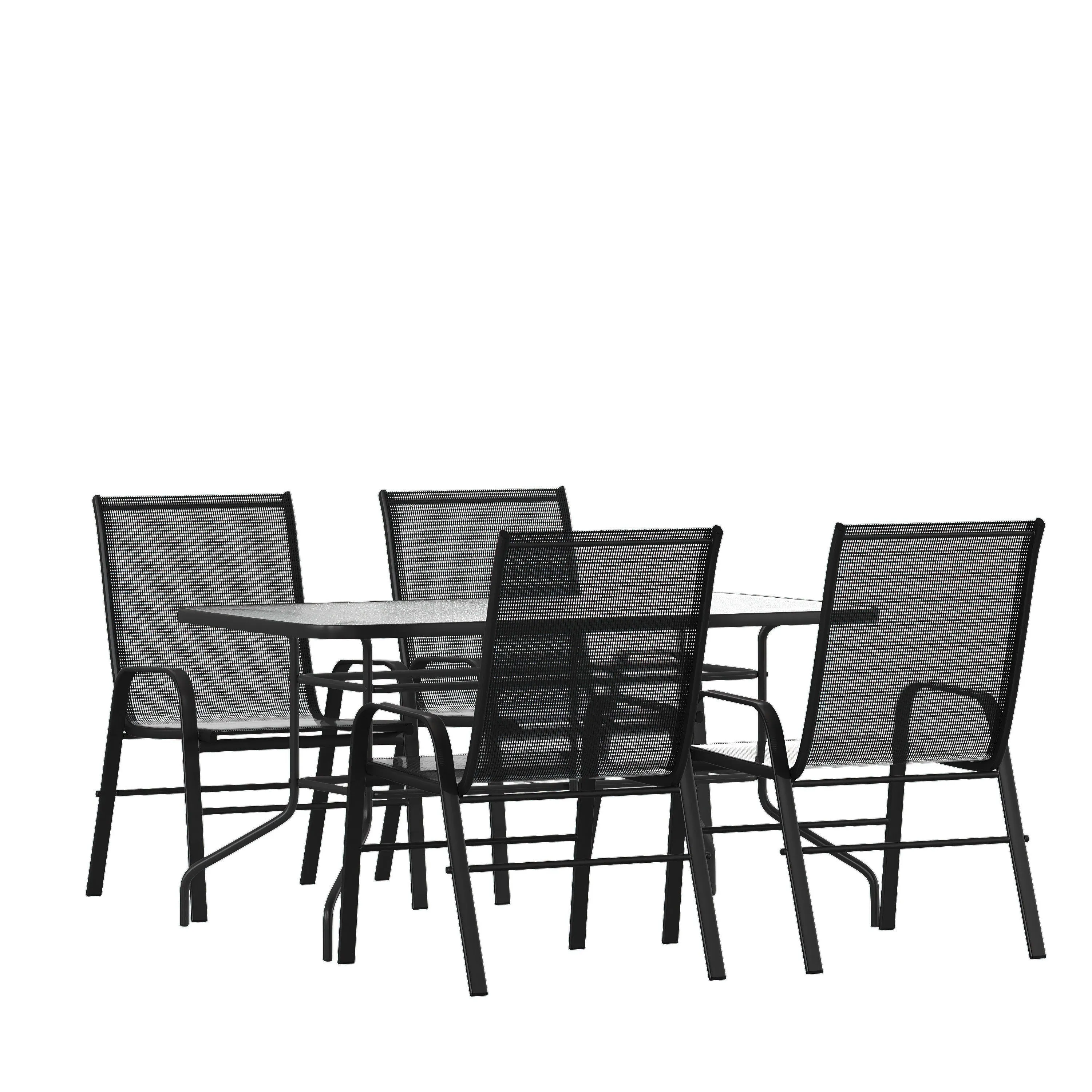 Brazos 5 Piece Outdoor Patio Dining Set - Tempered Glass Patio Table, 4 Flex Comfort Stack Chairs