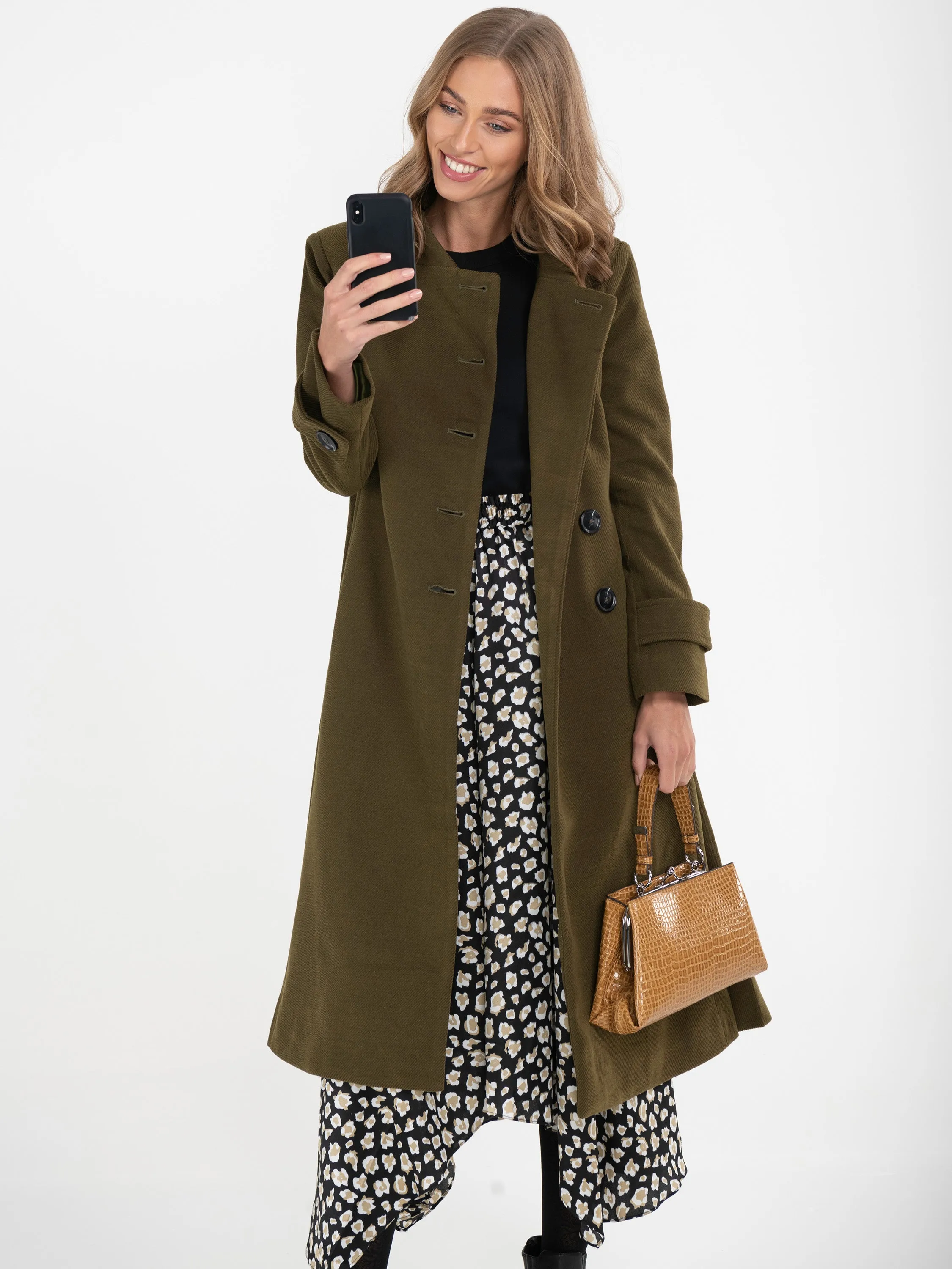 Button Front Flared Coat, Soldier Green