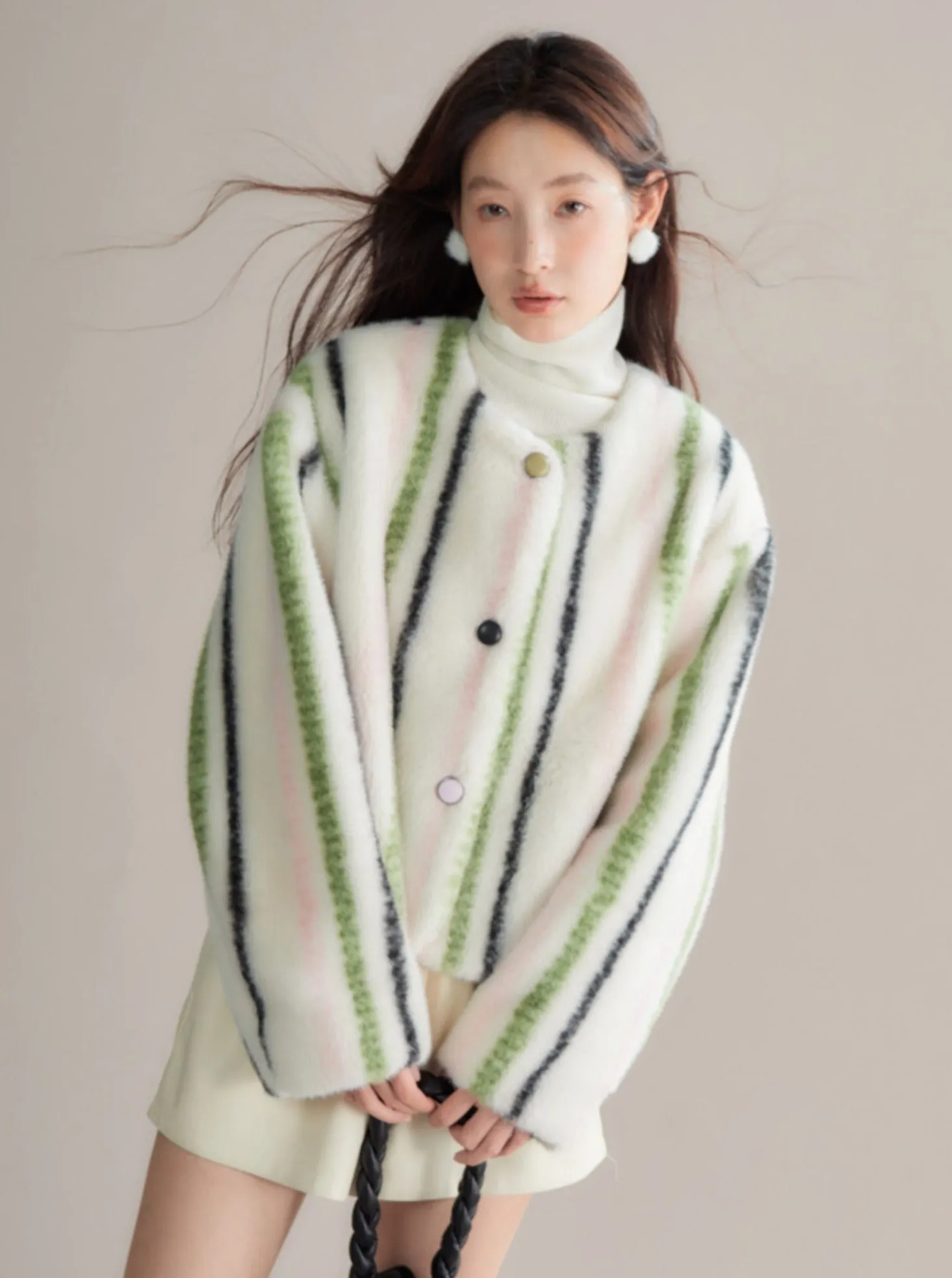 Cozy Winter Plush Striped Fur Coat