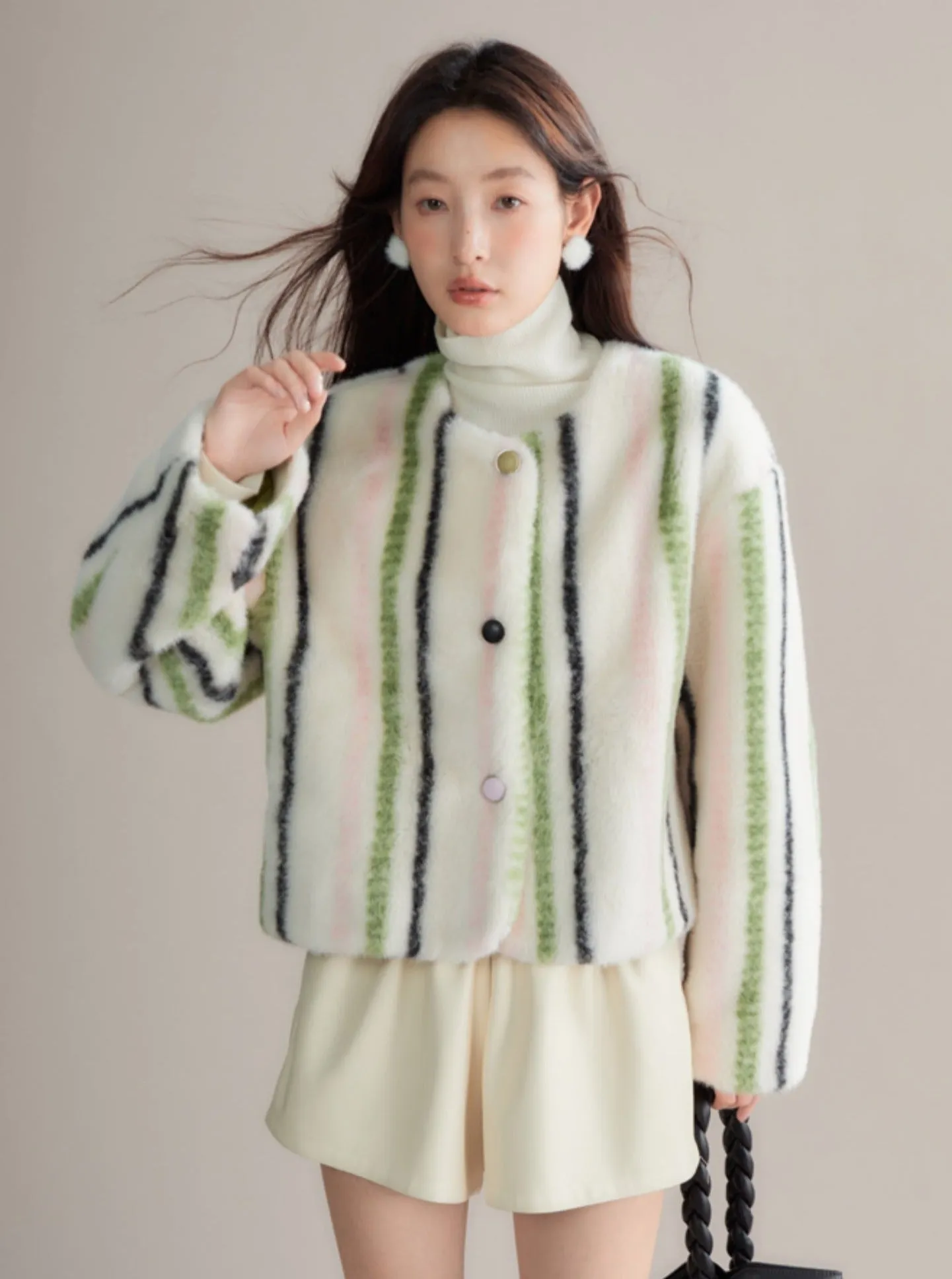 Cozy Winter Plush Striped Fur Coat