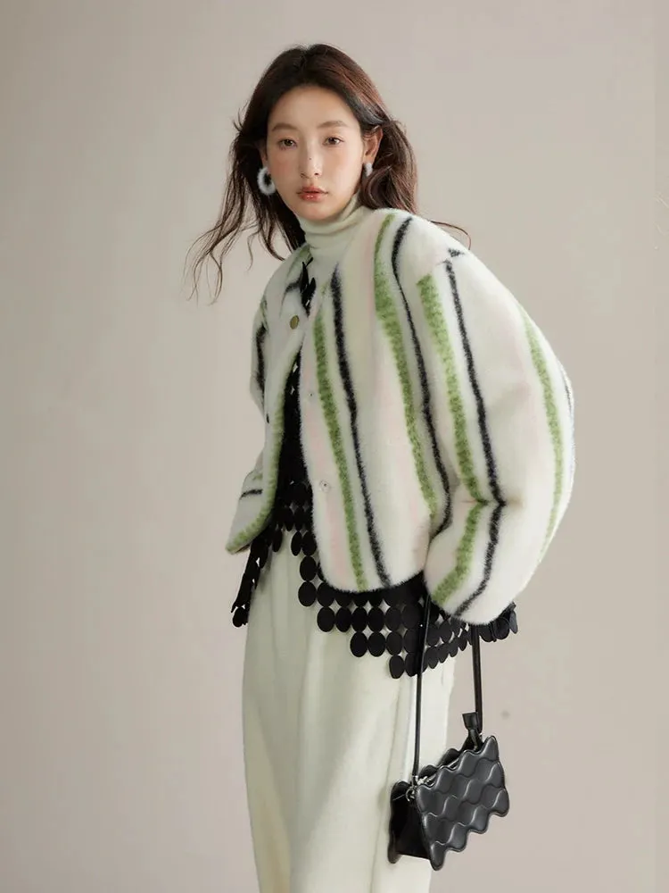 Cozy Winter Plush Striped Fur Coat