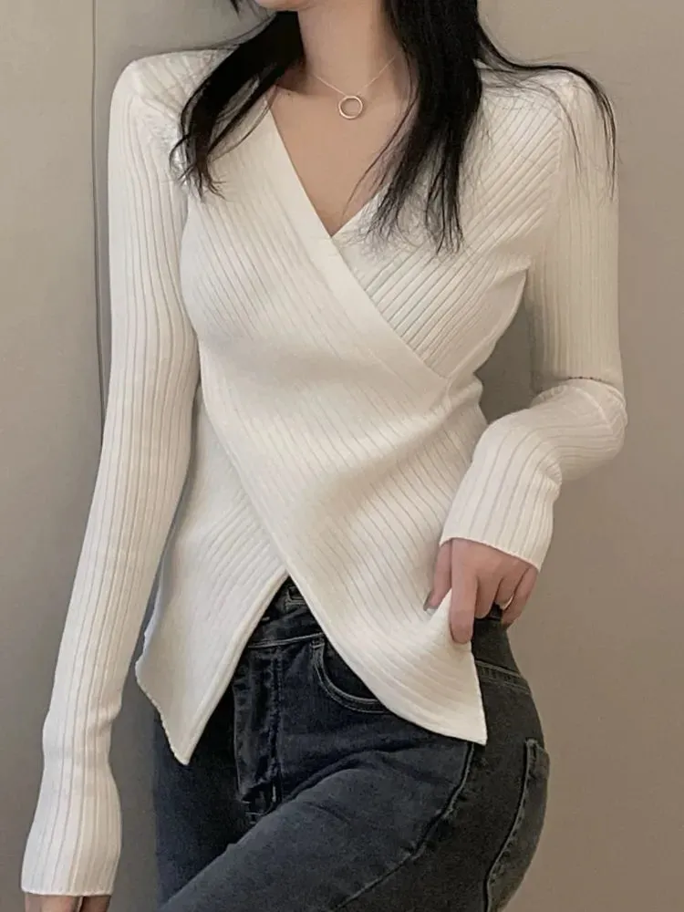 deanwangkt Irregular V-Neck Sweater Women Long Sleeve Top Pullover  Winter Knitted Sweaters Mujer Knitwear Korean Fashion Woman Clothes