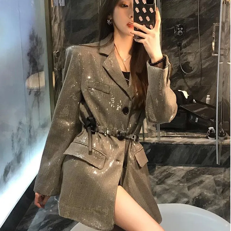 deanwangkt Lucyever Korean Fashion Shiny Sequin Blazer Women Luxury Bling Bling Long Sleeve Jacket Woman Streetwear Temperament Loose Coat