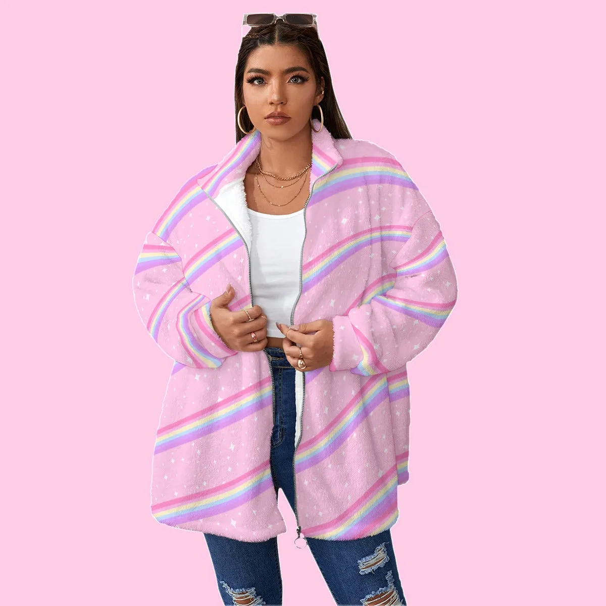 Kawaii Sparkle Cake Rainbow Beam Women's Oversized Fuzzy Fleece Coat With Zipper