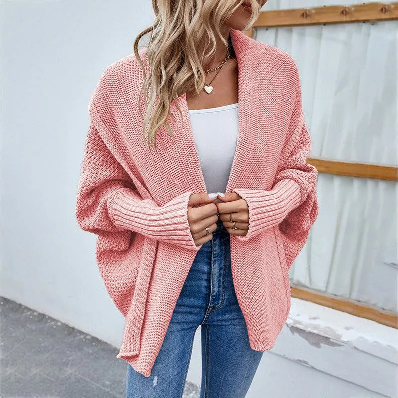 Knitted Sweater Solid Color Bat Sleeve Large Lapel Cardigan Autumn And Winter Fashion Jacket For Women Clothing