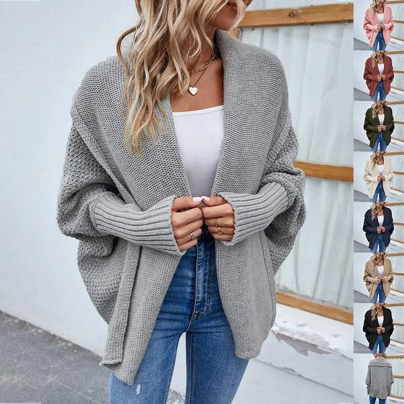 Knitted Sweater Solid Color Bat Sleeve Large Lapel Cardigan Autumn And Winter Fashion Jacket For Women Clothing