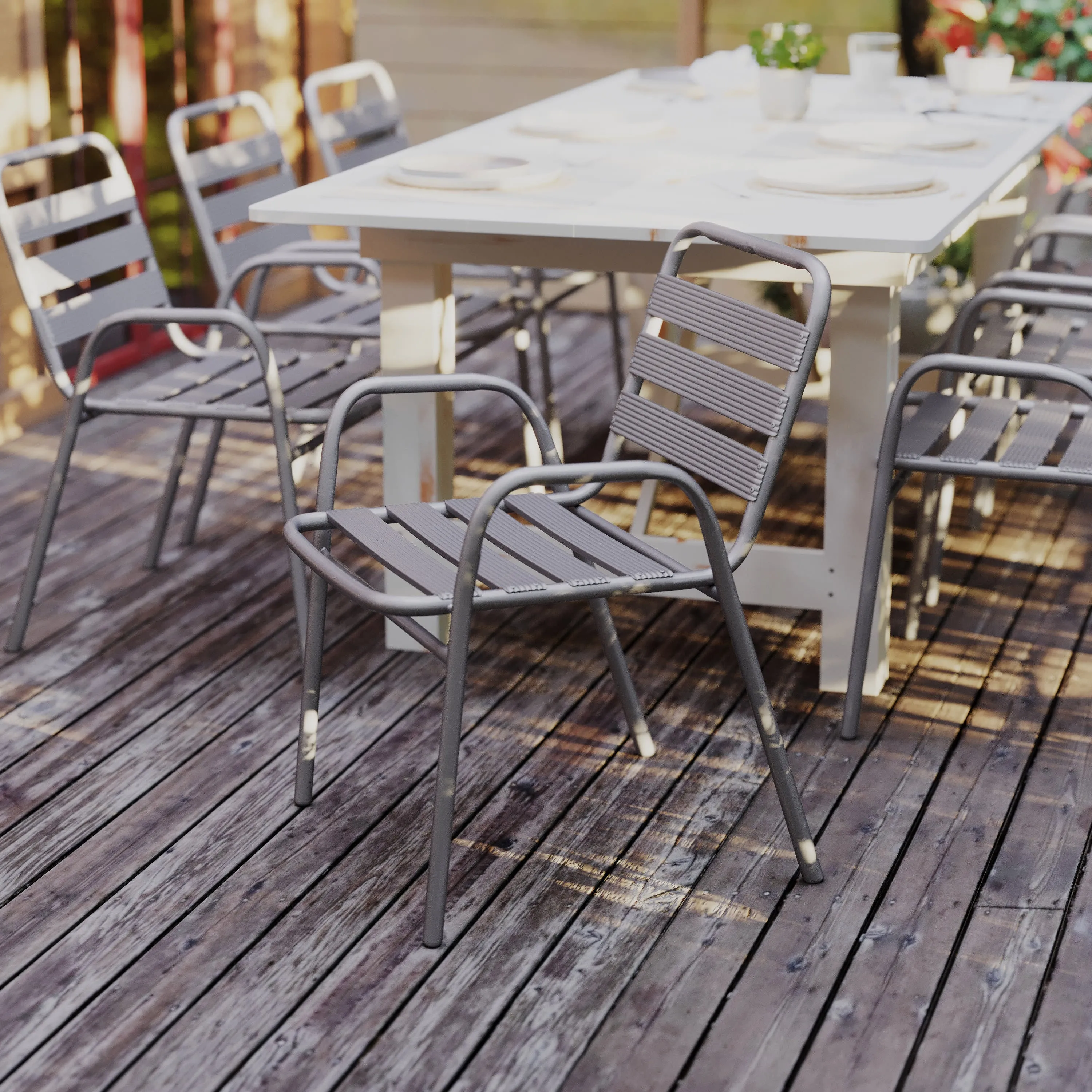 Lila Commercial Metal Indoor-Outdoor Restaurant Stack Chair with Metal Triple Slat Back and Arms