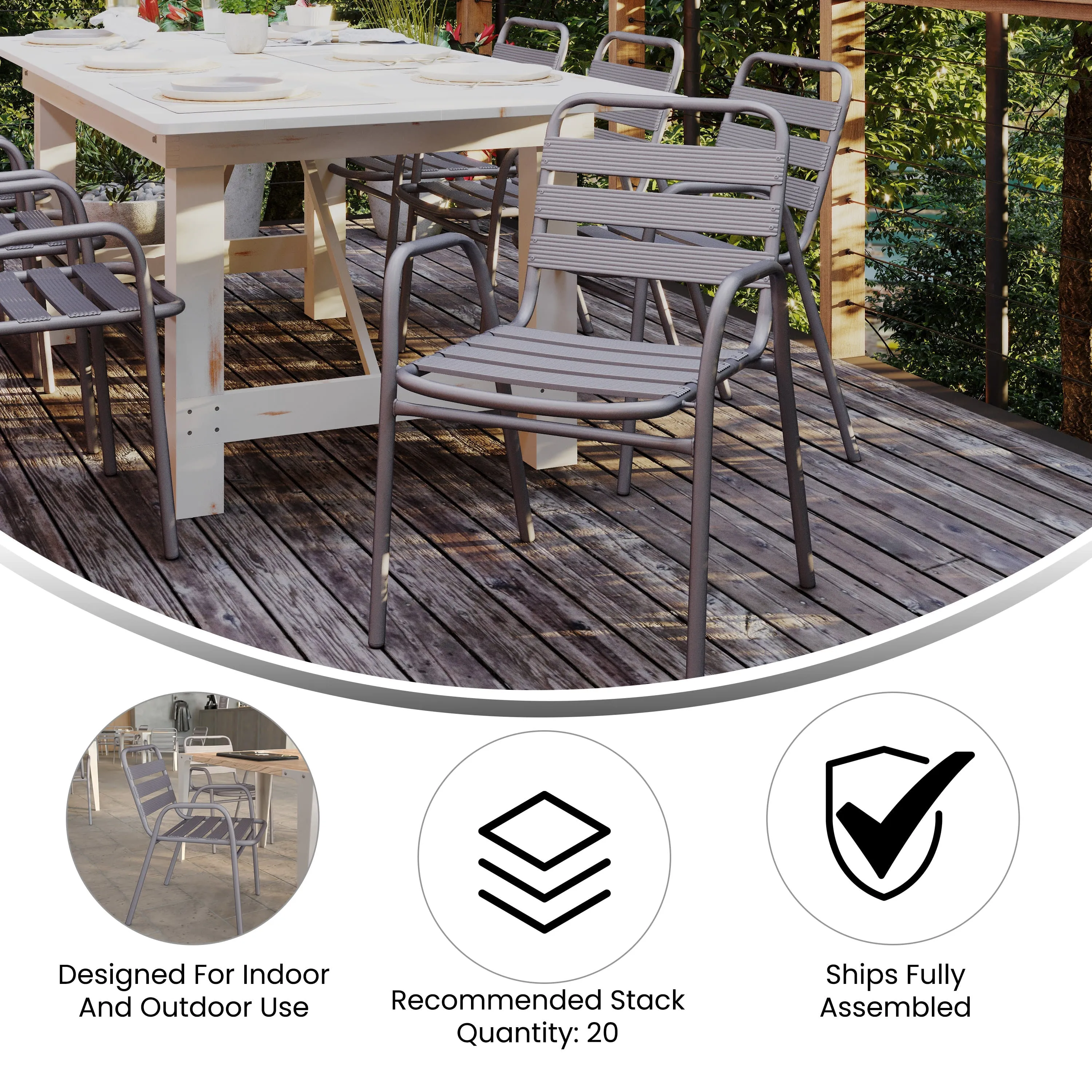 Lila Commercial Metal Indoor-Outdoor Restaurant Stack Chair with Metal Triple Slat Back and Arms