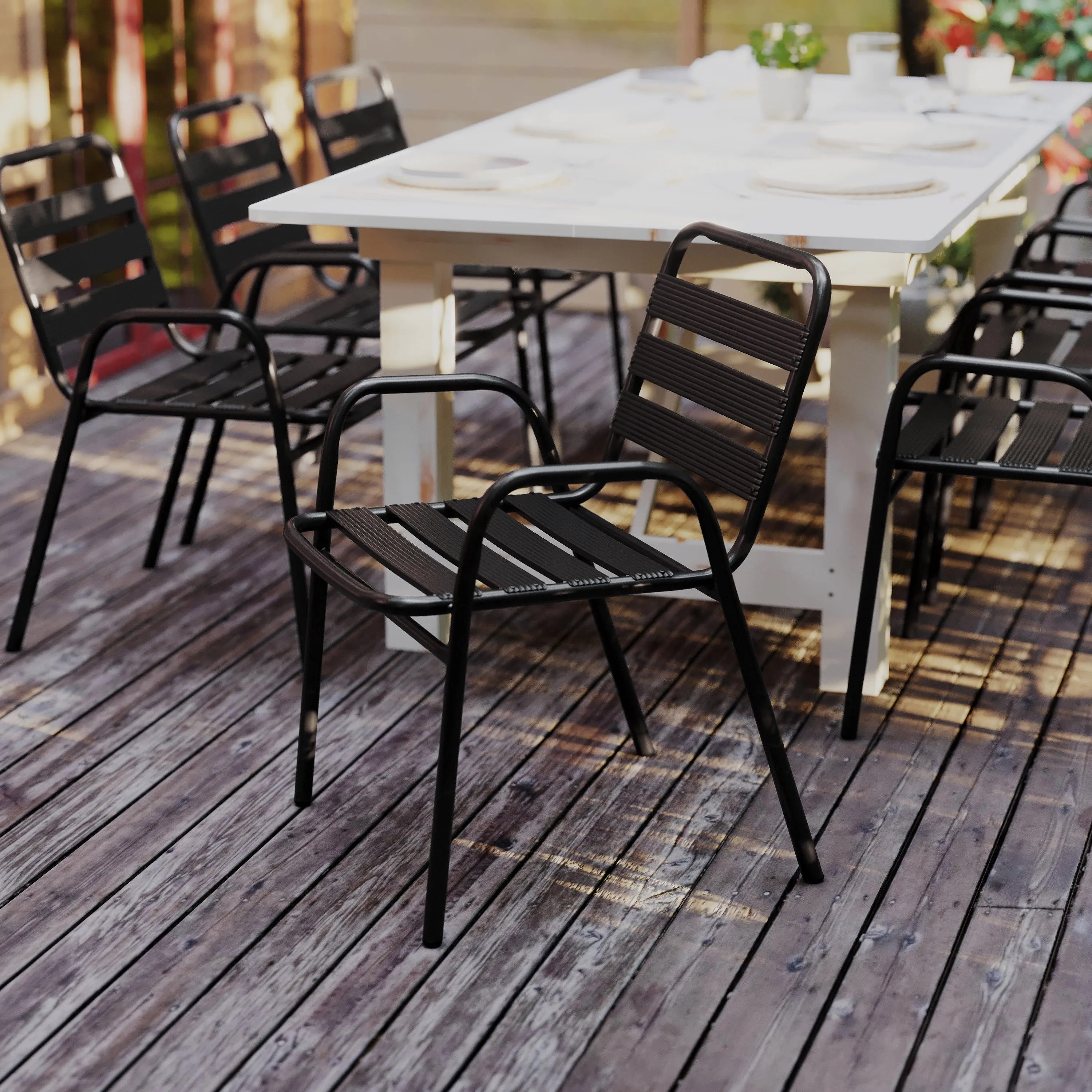 Lila Commercial Metal Indoor-Outdoor Restaurant Stack Chair with Metal Triple Slat Back and Arms