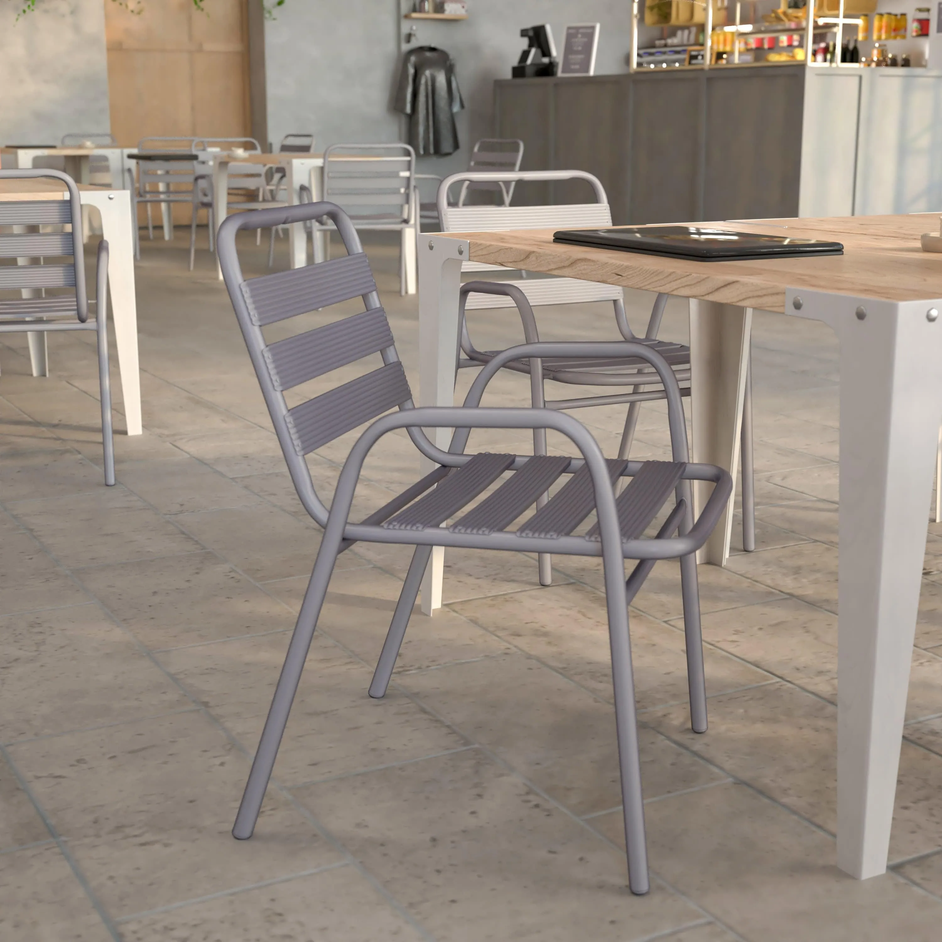 Lila Commercial Metal Indoor-Outdoor Restaurant Stack Chair with Metal Triple Slat Back and Arms