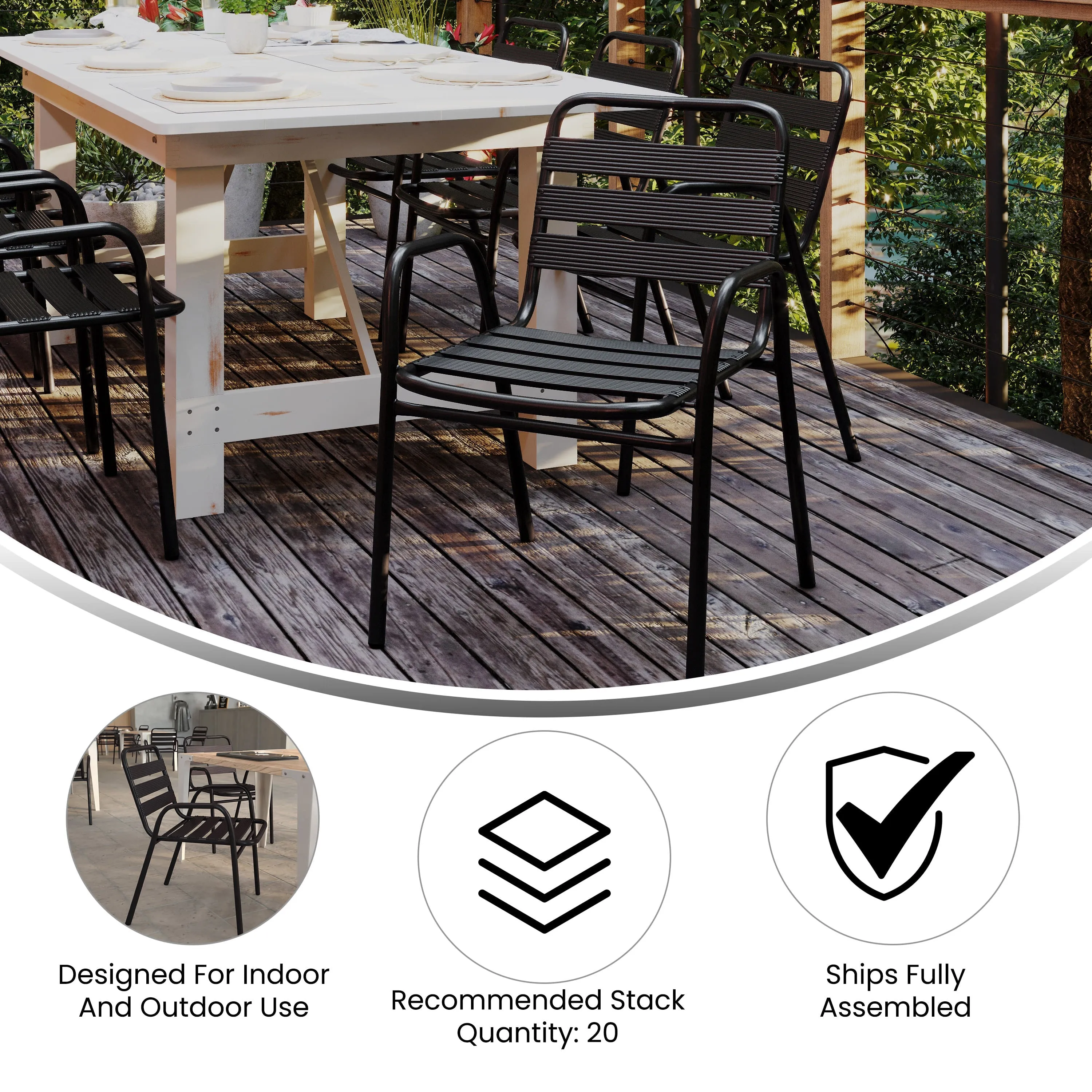 Lila Commercial Metal Indoor-Outdoor Restaurant Stack Chair with Metal Triple Slat Back and Arms