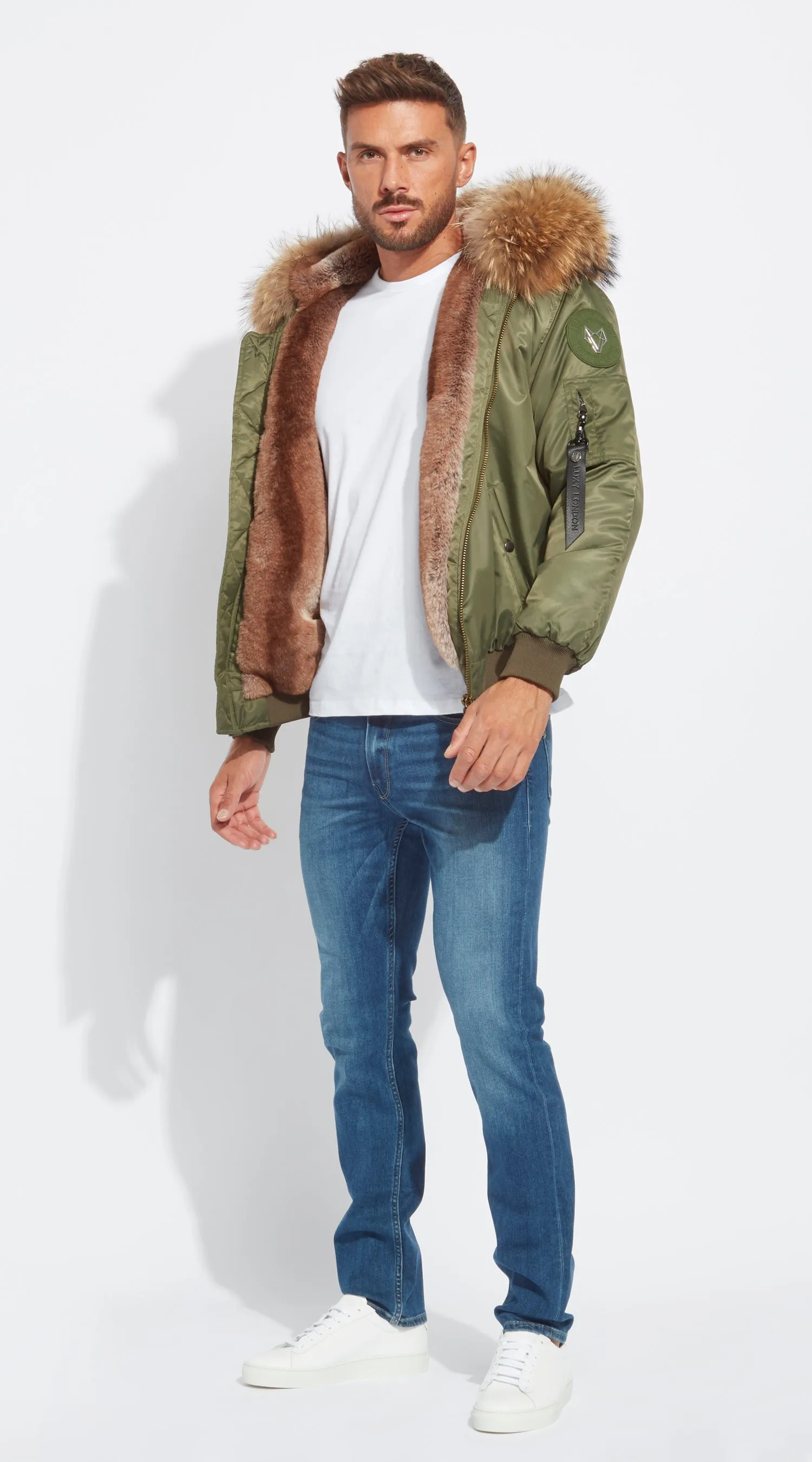 Mens Khaki Luxy Fur Bomber - Natural