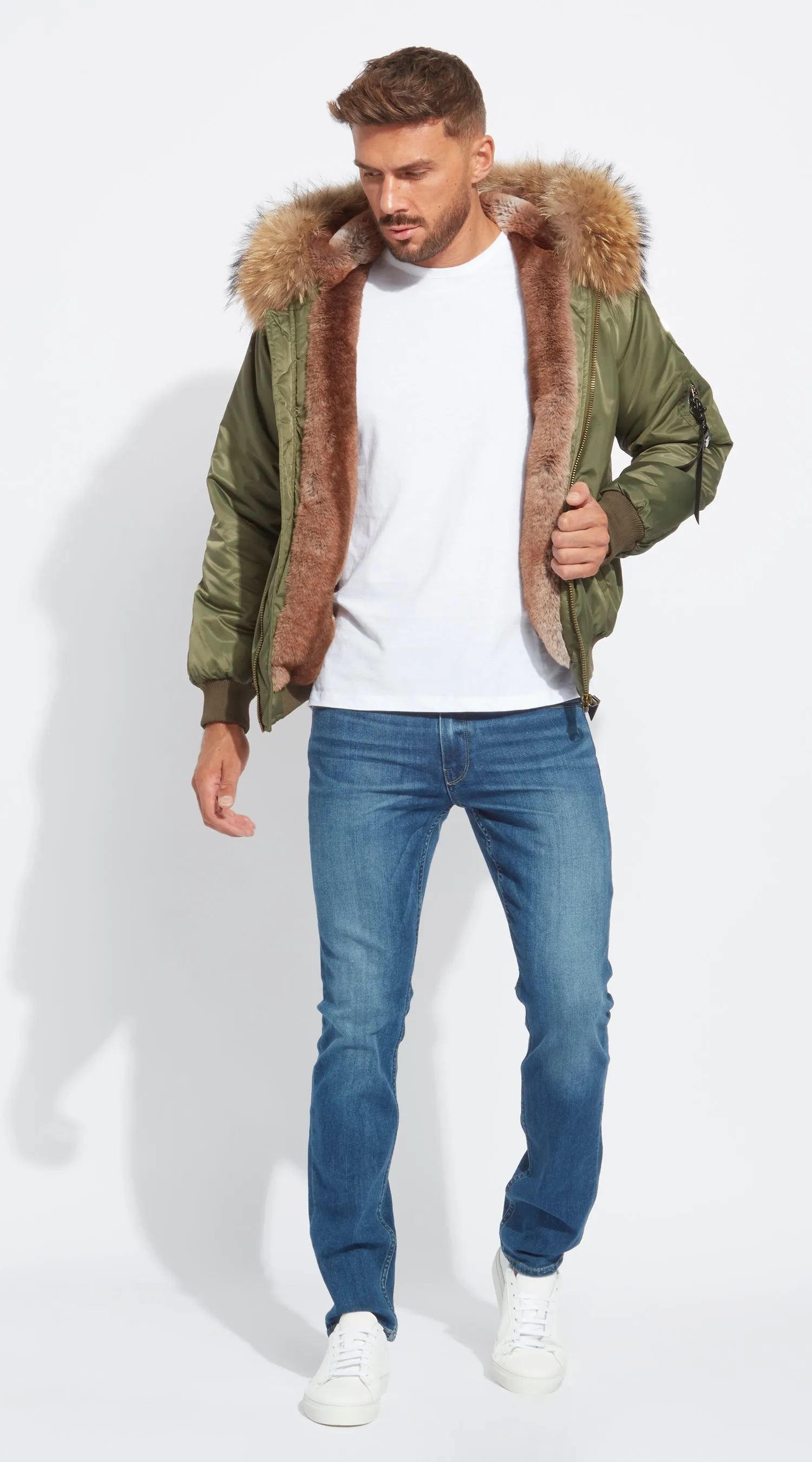 Mens Khaki Luxy Fur Bomber - Natural