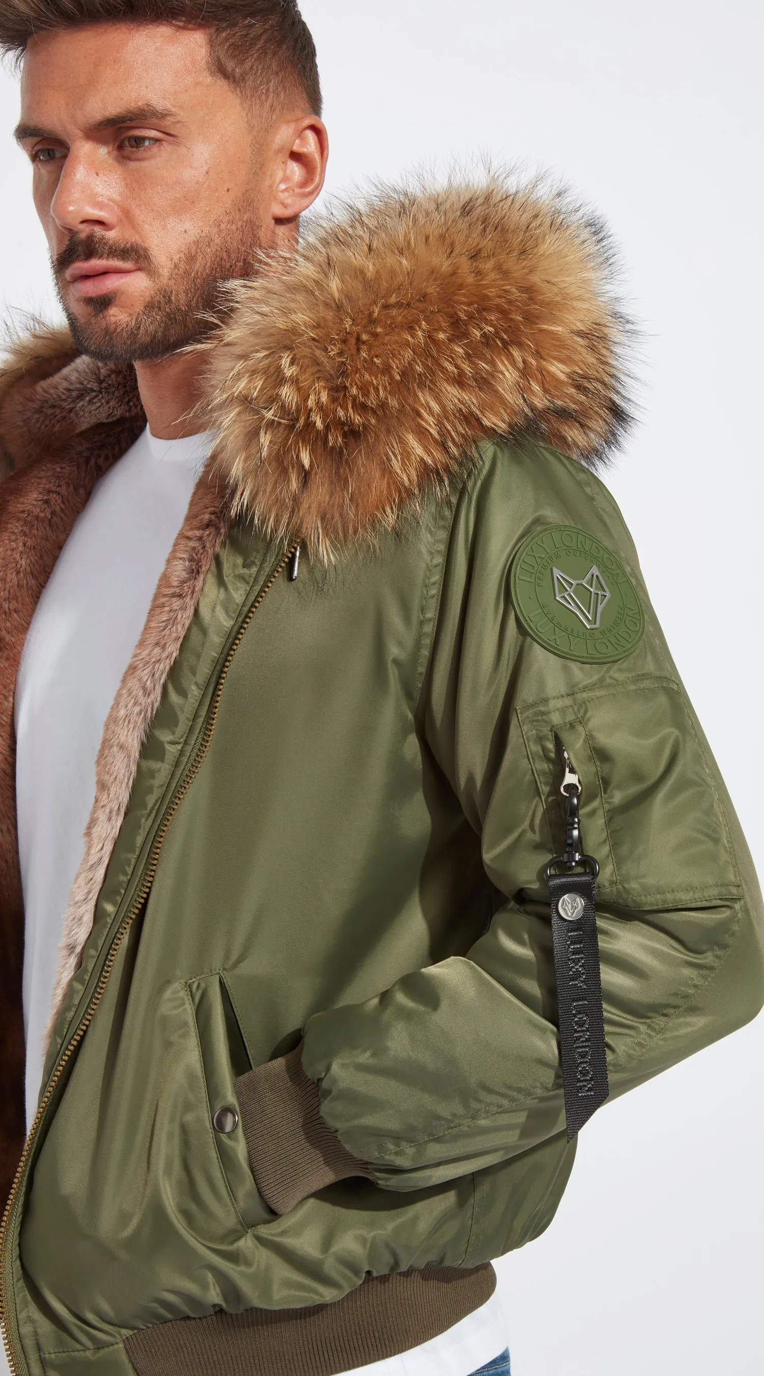 Mens Khaki Luxy Fur Bomber - Natural