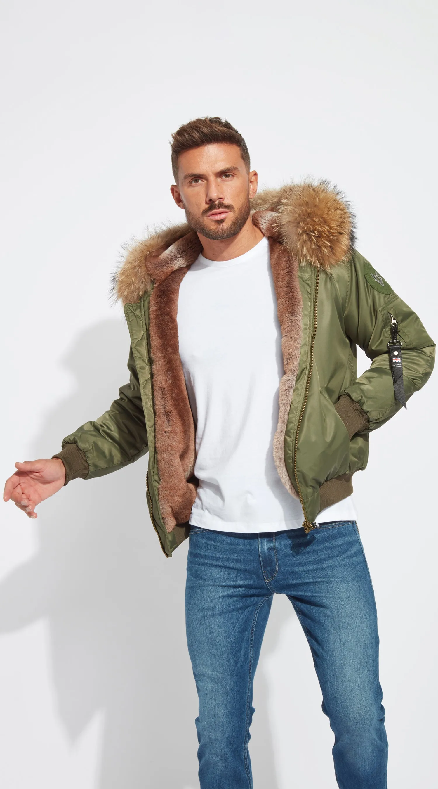 Mens Khaki Luxy Fur Bomber - Natural