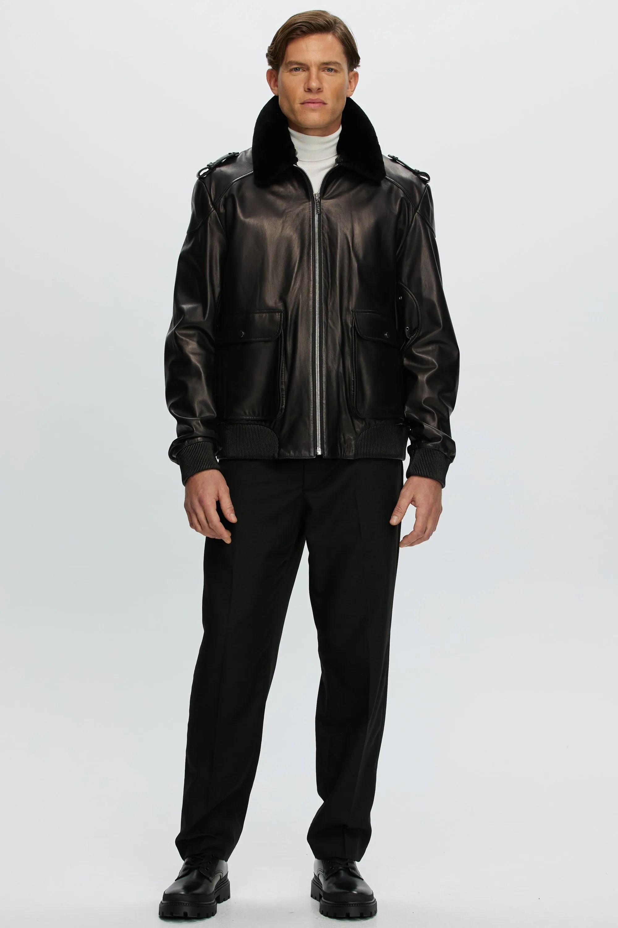 Men's Leather Jacket with Detachable Shearling Lamb Collar