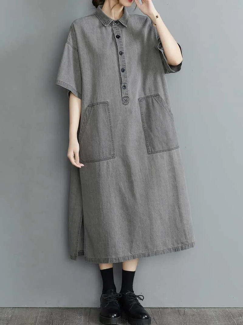 Plain Cotton Grey Color Short Sleeve Midi Dress