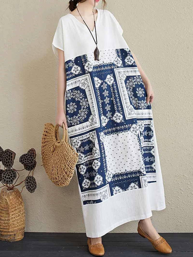 Printed White Short Sleeves Kaftan Dress