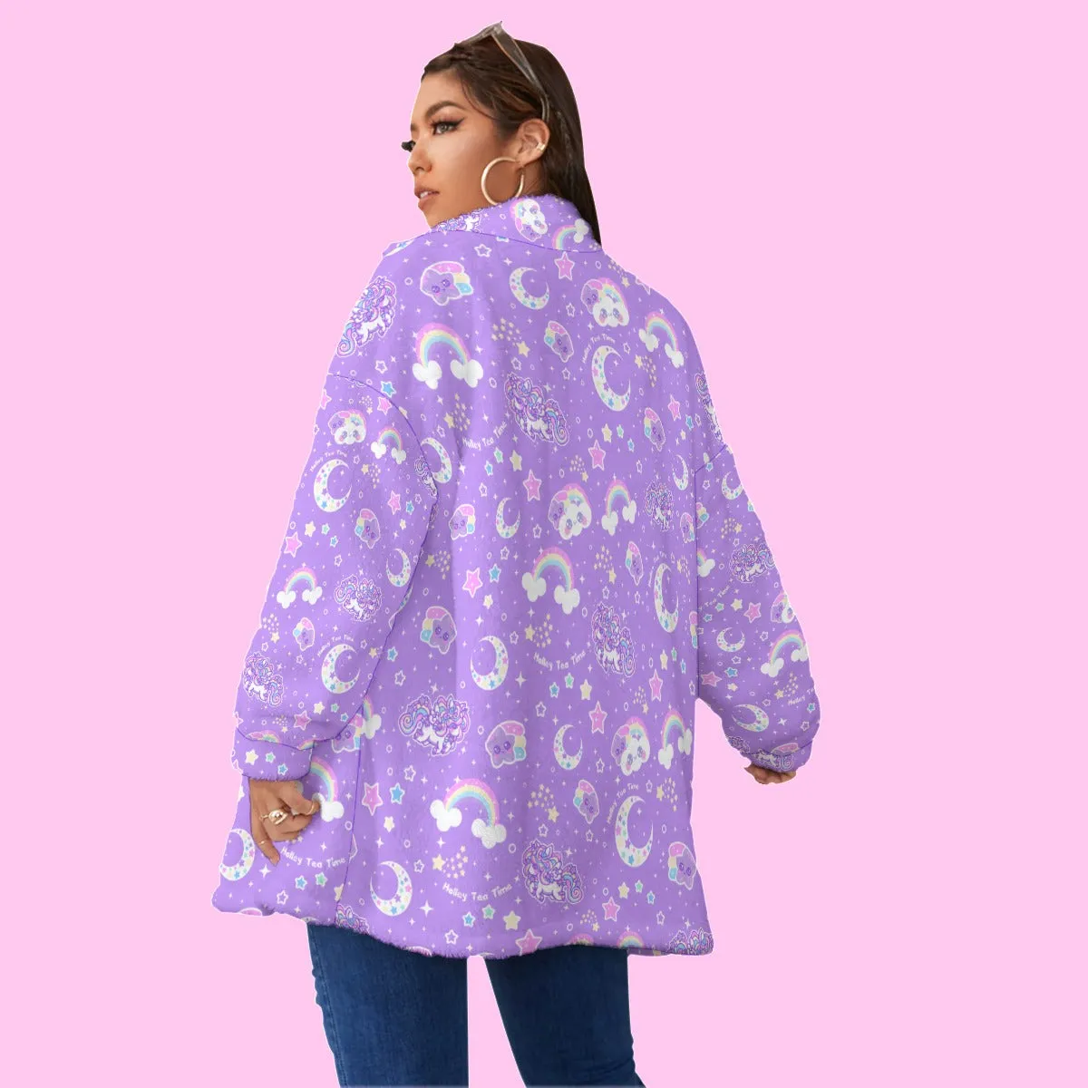 Rainbow Stardust Unicorn Friends Women's Oversized Fuzzy Fleece Coat With Zipper