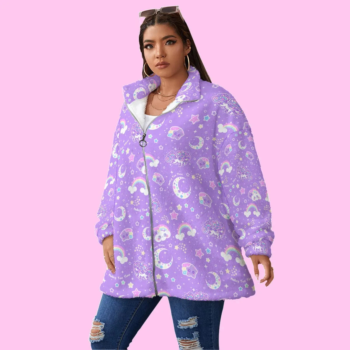 Rainbow Stardust Unicorn Friends Women's Oversized Fuzzy Fleece Coat With Zipper