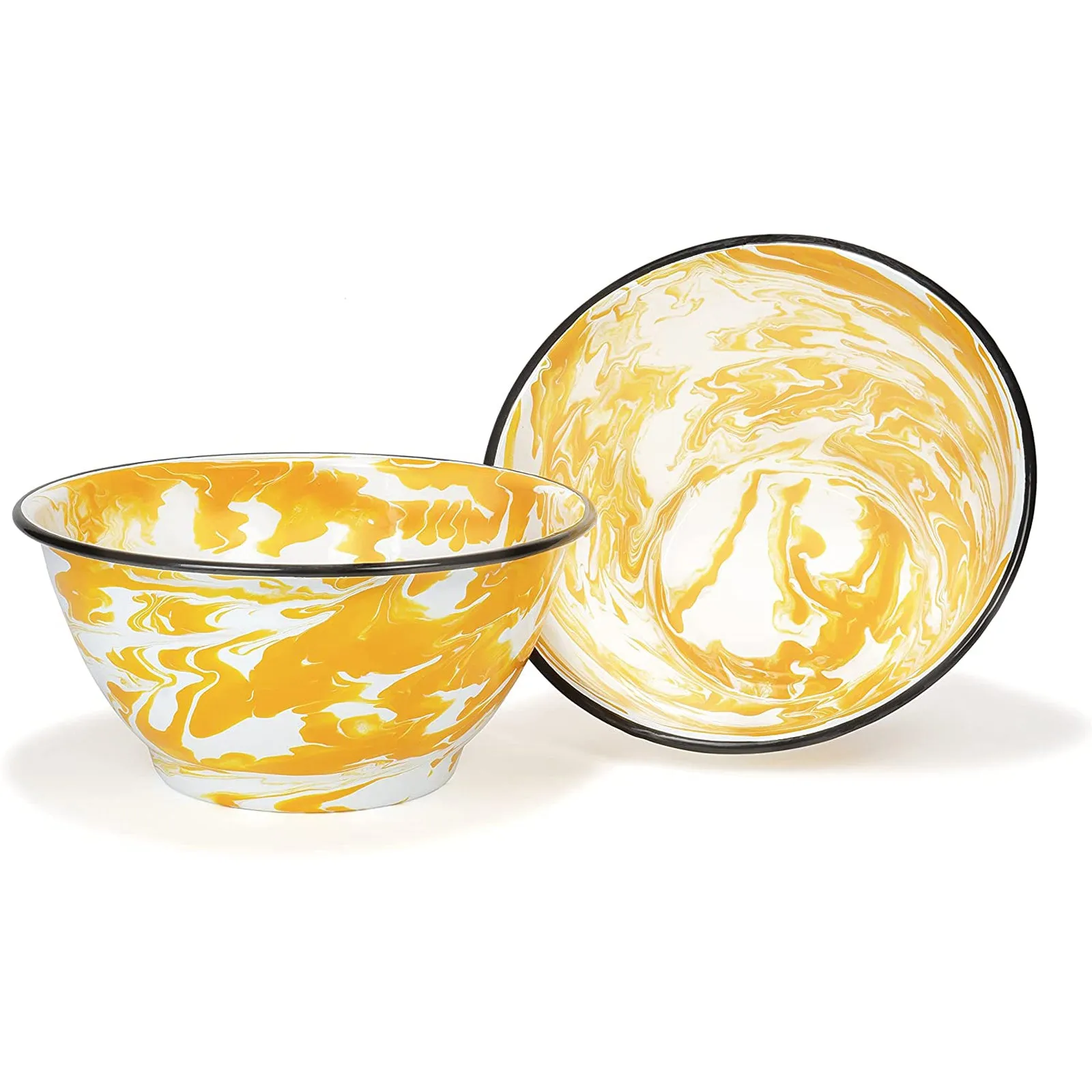 Red Co. Set of 2 Enamelware Metal Large Classic 4 quart Round Salad Serving Bowl, Yellow/Black Rim - Swirl Design