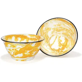 Red Co. Set of 2 Enamelware Metal Large Classic 4 quart Round Salad Serving Bowl, Yellow/Black Rim - Swirl Design