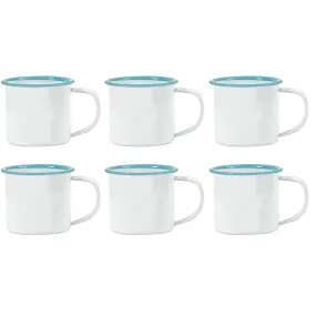 Red Co. Set of 6 Enamelware Metal Small Classic 5 Oz Round Coffee and Tea Mug with Handle, Solid White/Teal Rim