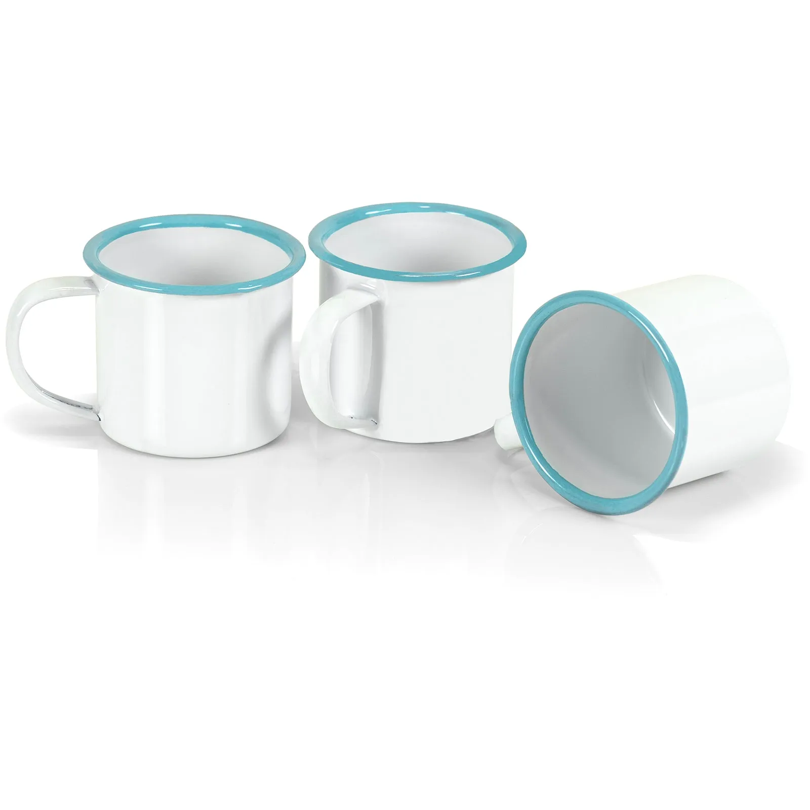 Red Co. Set of 6 Enamelware Metal Small Classic 5 Oz Round Coffee and Tea Mug with Handle, Solid White/Teal Rim