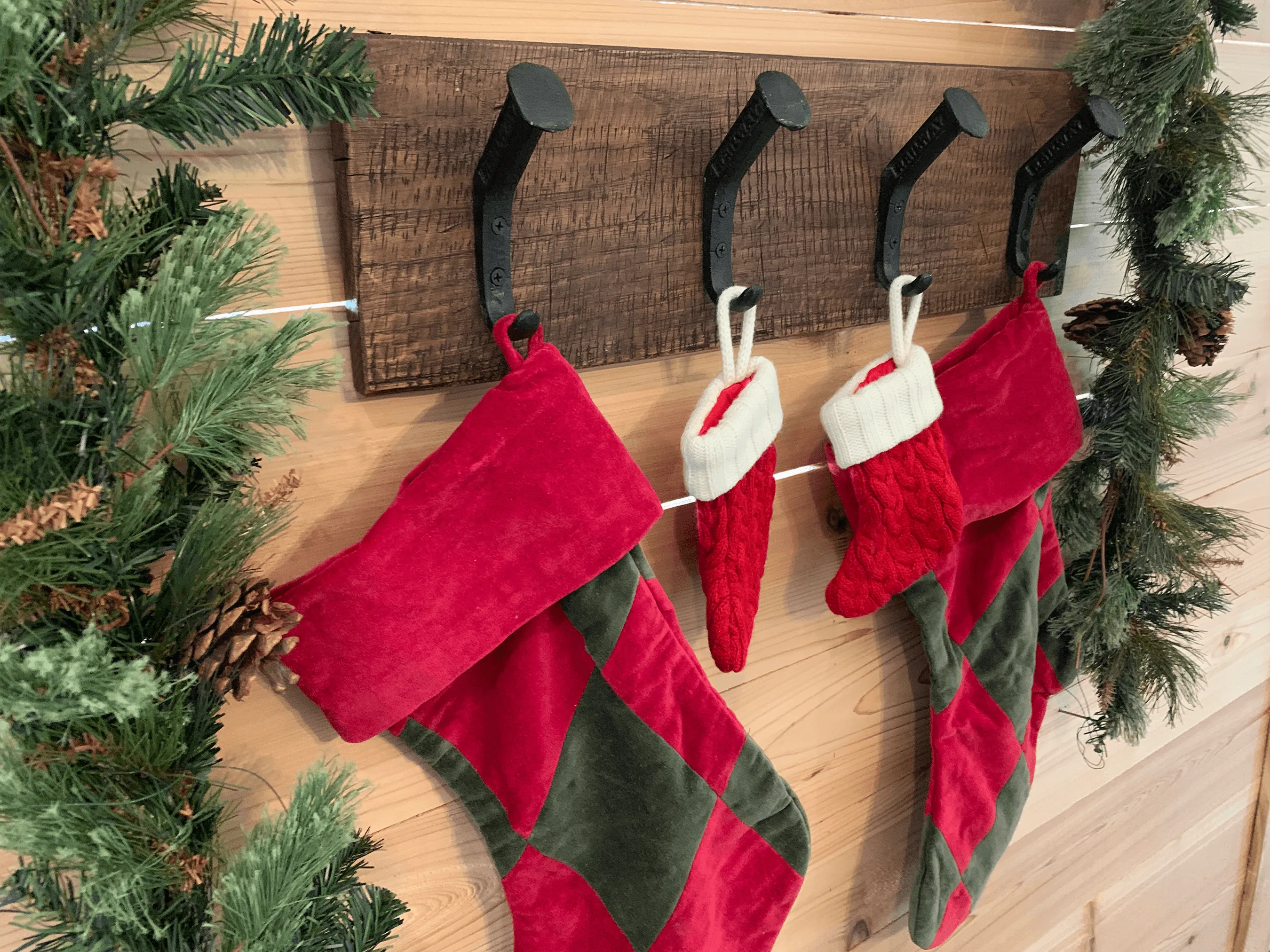 Rustic Farmhouse Christmas Stocking Wall Holder - 4 Hook - Dark Walnut