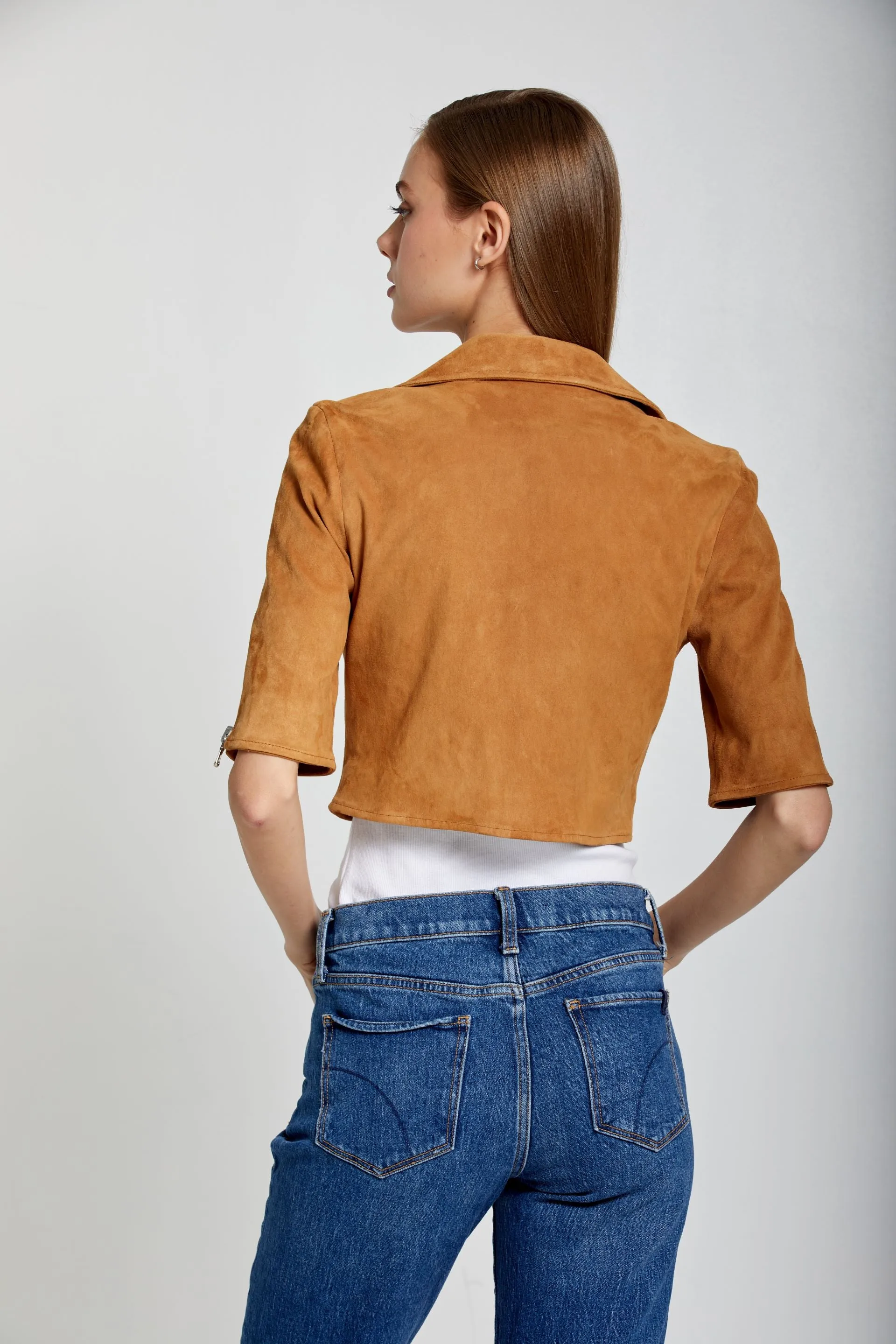 Short Sleeve Moto-Cognac Suede