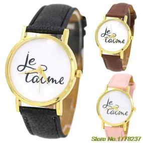 Trendy Style Watch Women's Men's Je T'aime Couple Lover Faux Leather Quartz Analog Wrist Watch Sale 4PE7