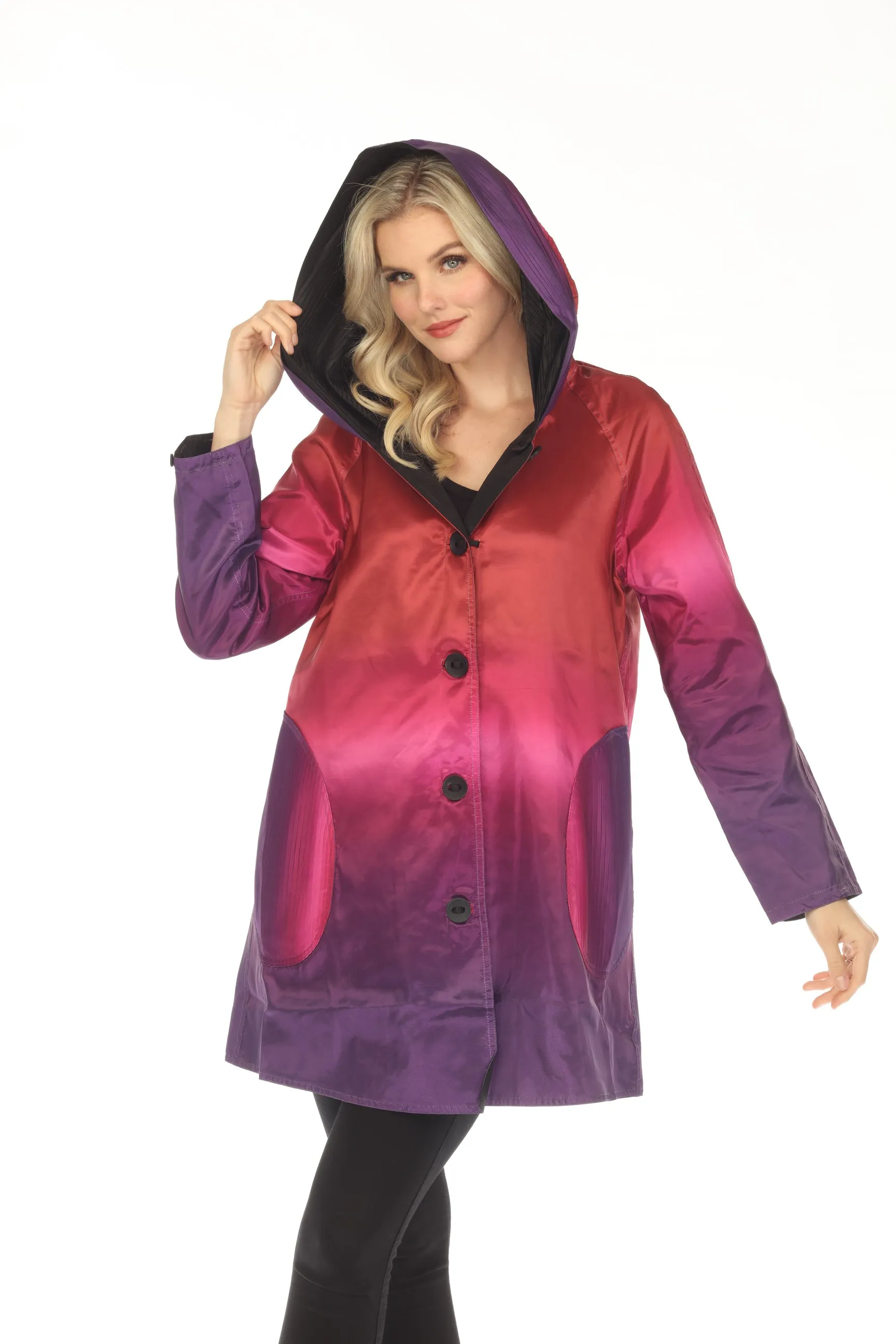 UBU Clothing Co. Purple Ombre/Black Button-Down Parisian Hooded Reversible Coat 3214OS