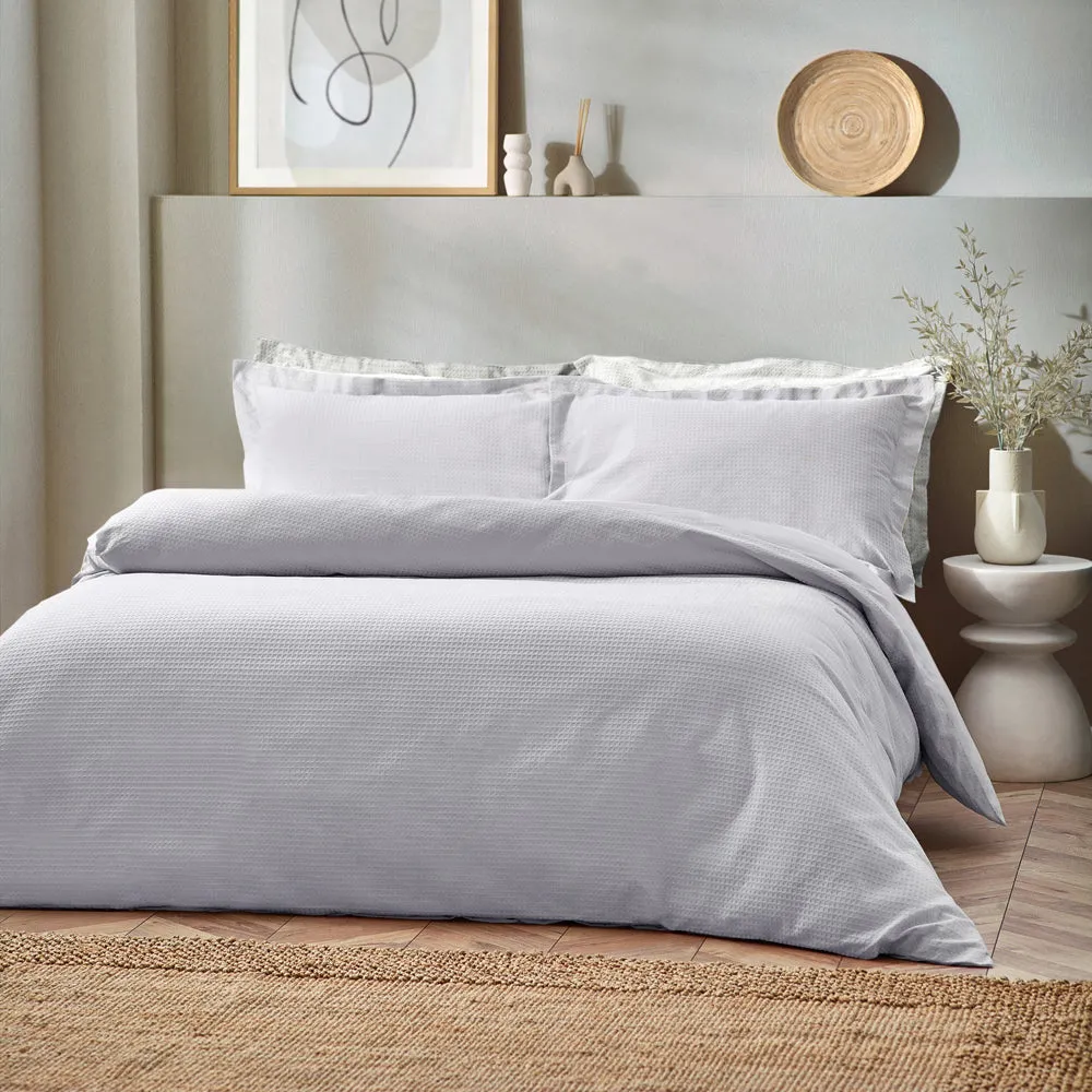 Waffle Textured 100% Cotton Duvet Cover Set Silver