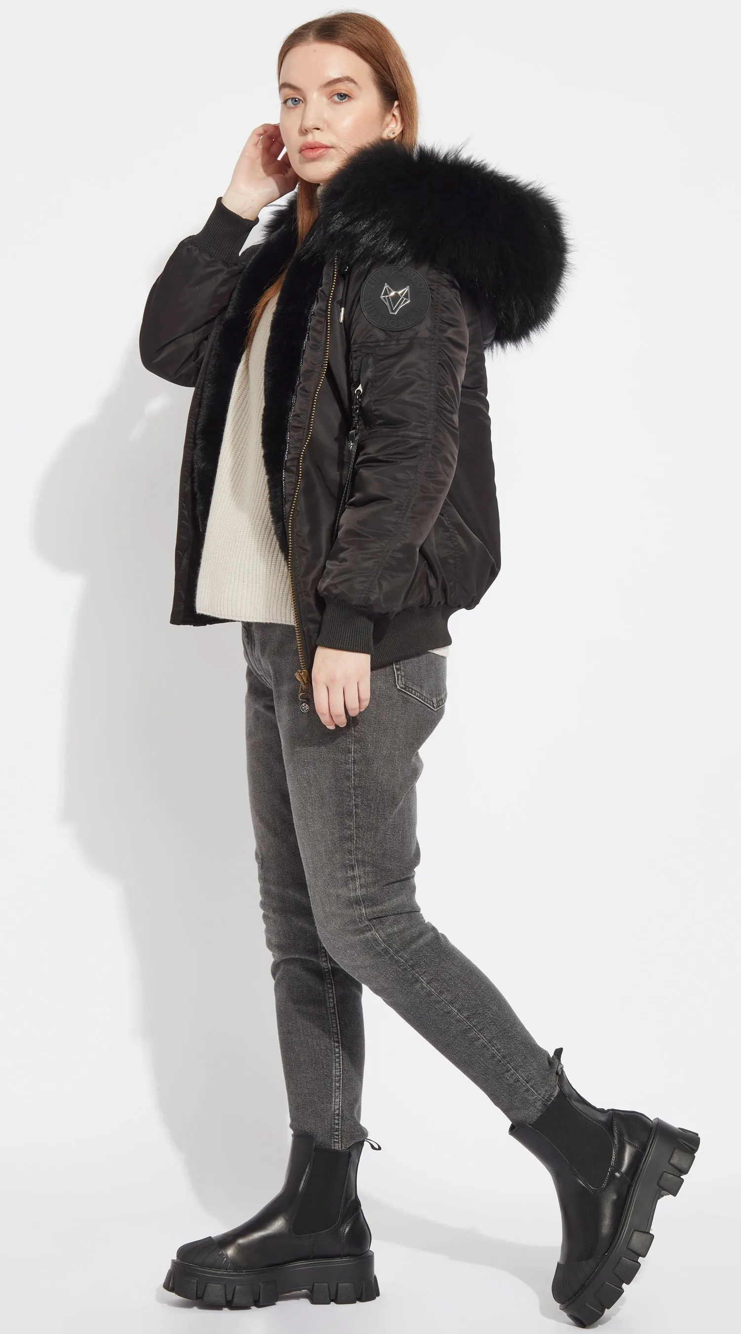 Womens Black Luxy Fur Bomber - Black