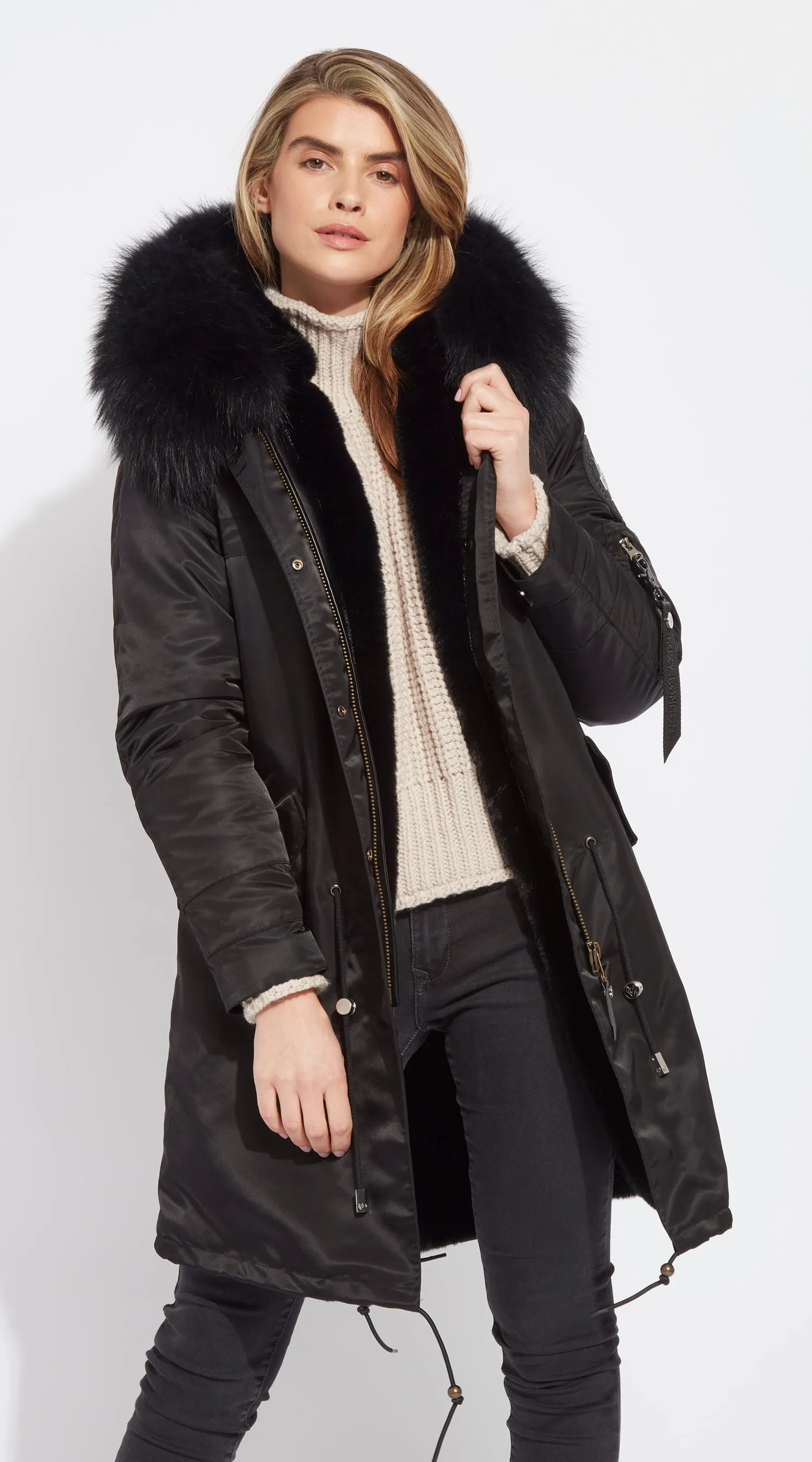 Womens Black Water-Repellent Luxy Fur Parka - 3/4 Black