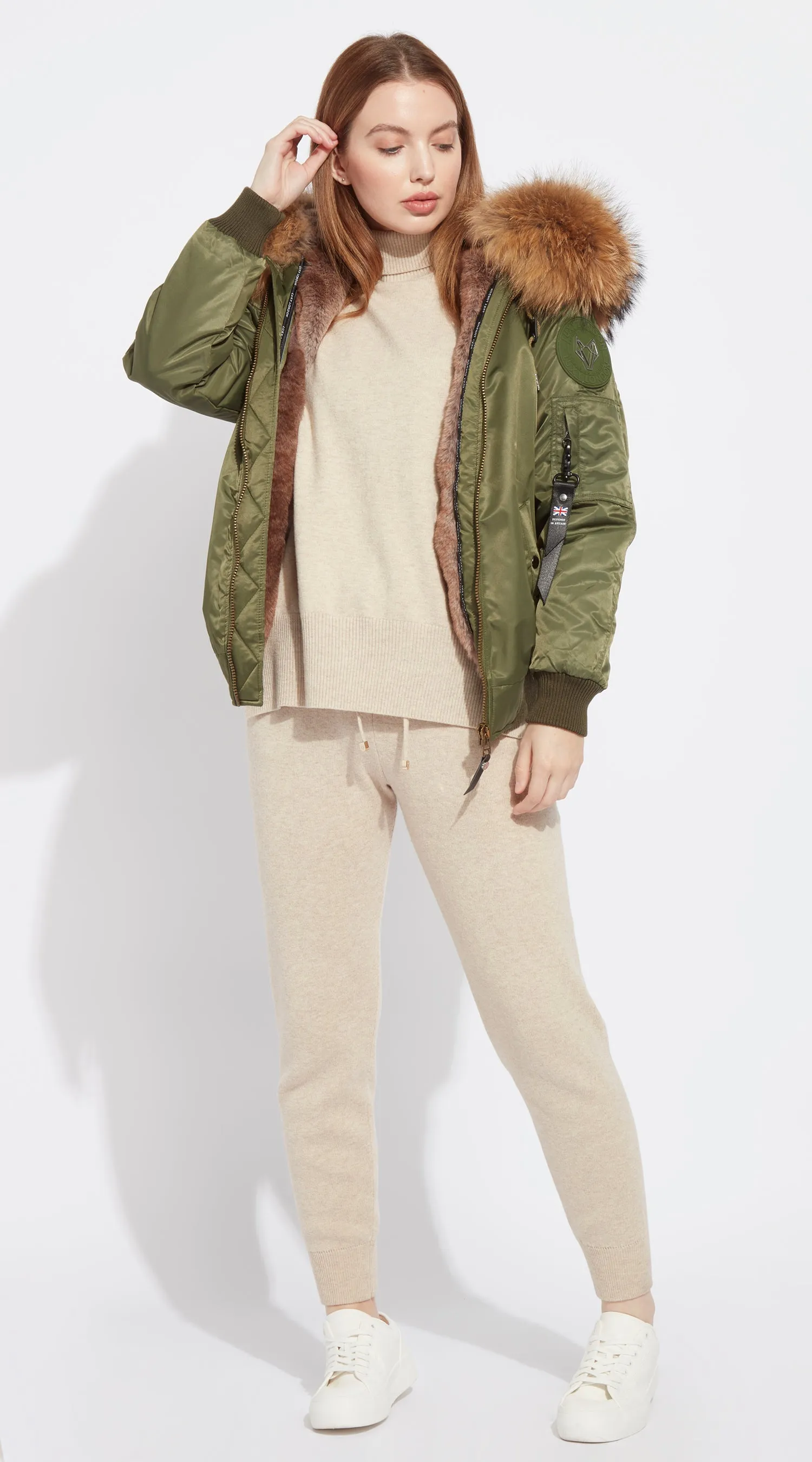 Womens Khaki Luxy Fur Bomber - Natural